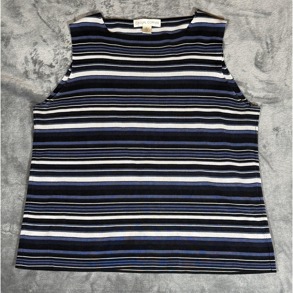 Casual Corner Tank‎ Top Womens XL Blue Striped 75% Silk Knit Sleeveless
